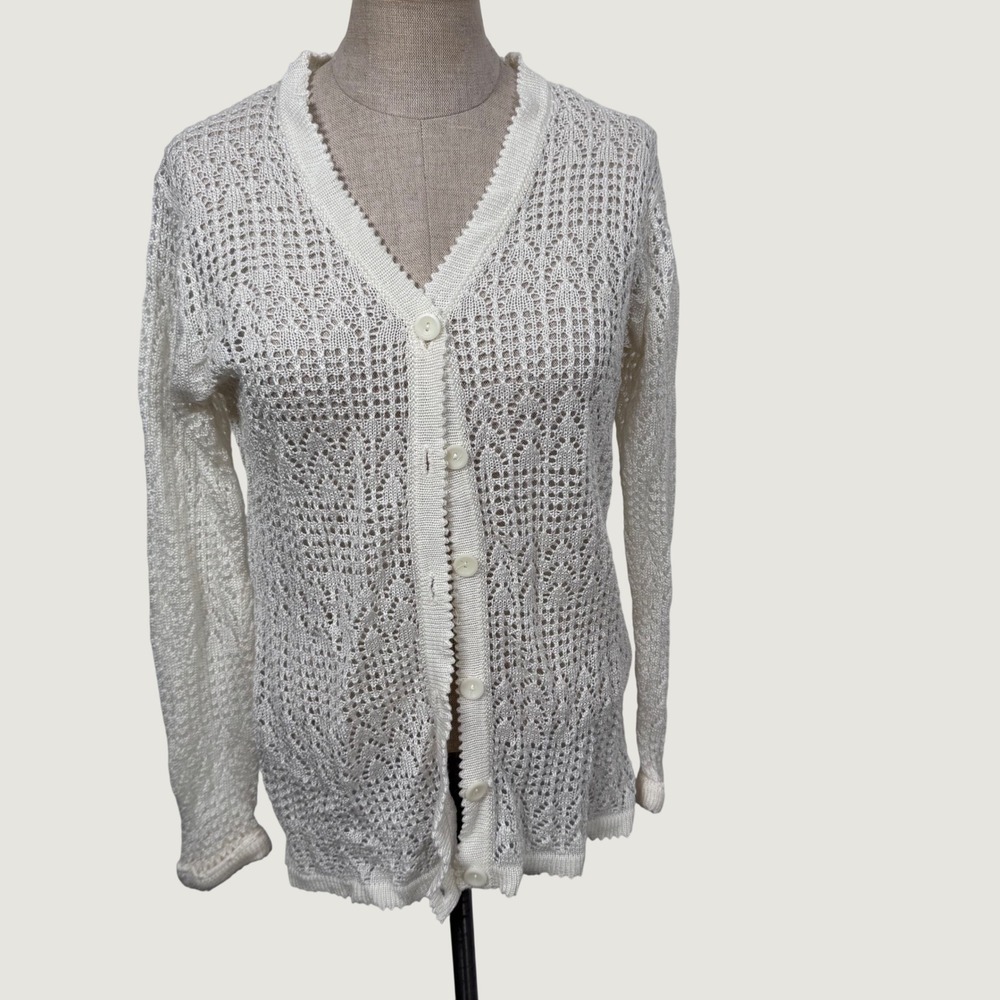Vintage Crochet Cardigan Women S Ivory Pointelle Cottage Coquette Dainty 80s